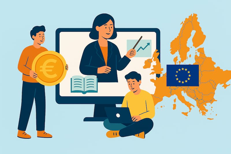 Vector illustration representing Europe promoting financial education: a stylized map of the European Union in blue, with a golden megaphone at the center releasing multiple envelopes stamped with the EU logo, symbolizing the communication and dissemination of financial knowledge across Europe.