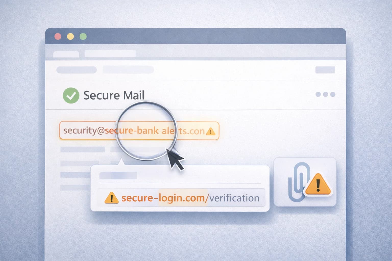 Educational hero illustration showing a suspicious email being checked: sender address, link preview, and attachment warning indicators.