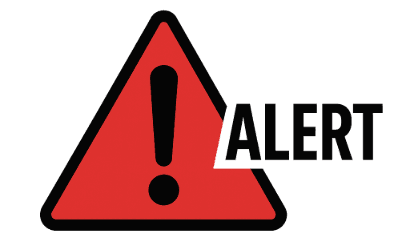 Badge "ALERT" per avvisi ufficiali su truffe e sicurezza.