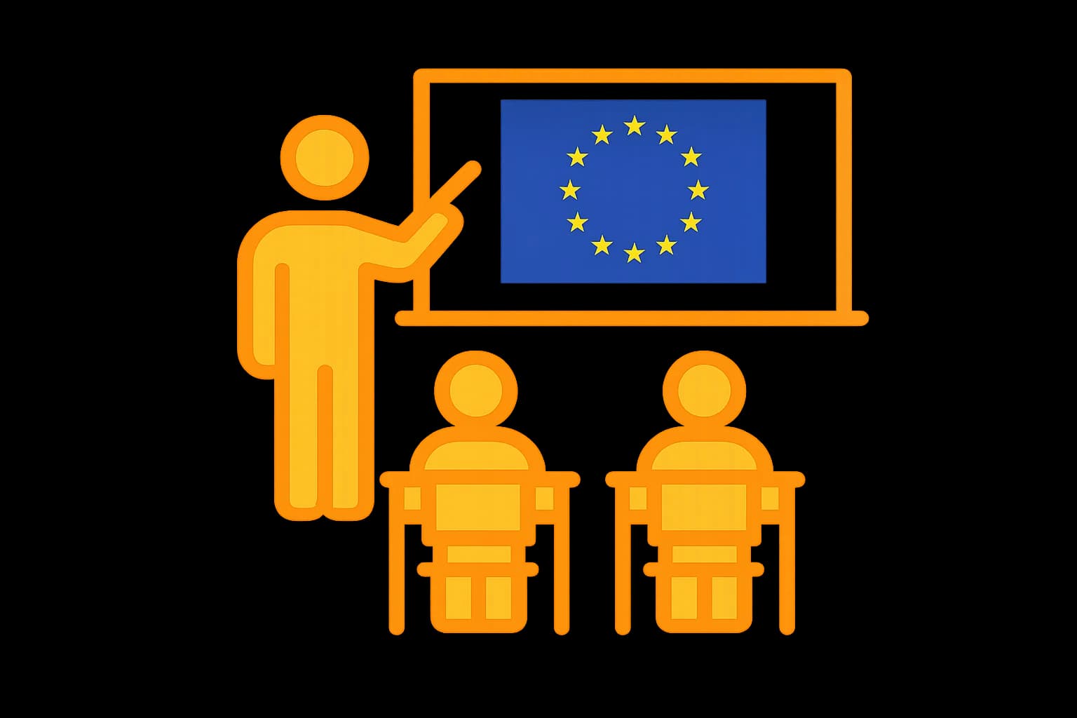 Stylised illustration of a teacher pointing at the European Union flag on a board in front of two students.